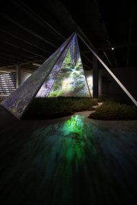 installation that has a tent structure, video projection on to the tent and forest ground