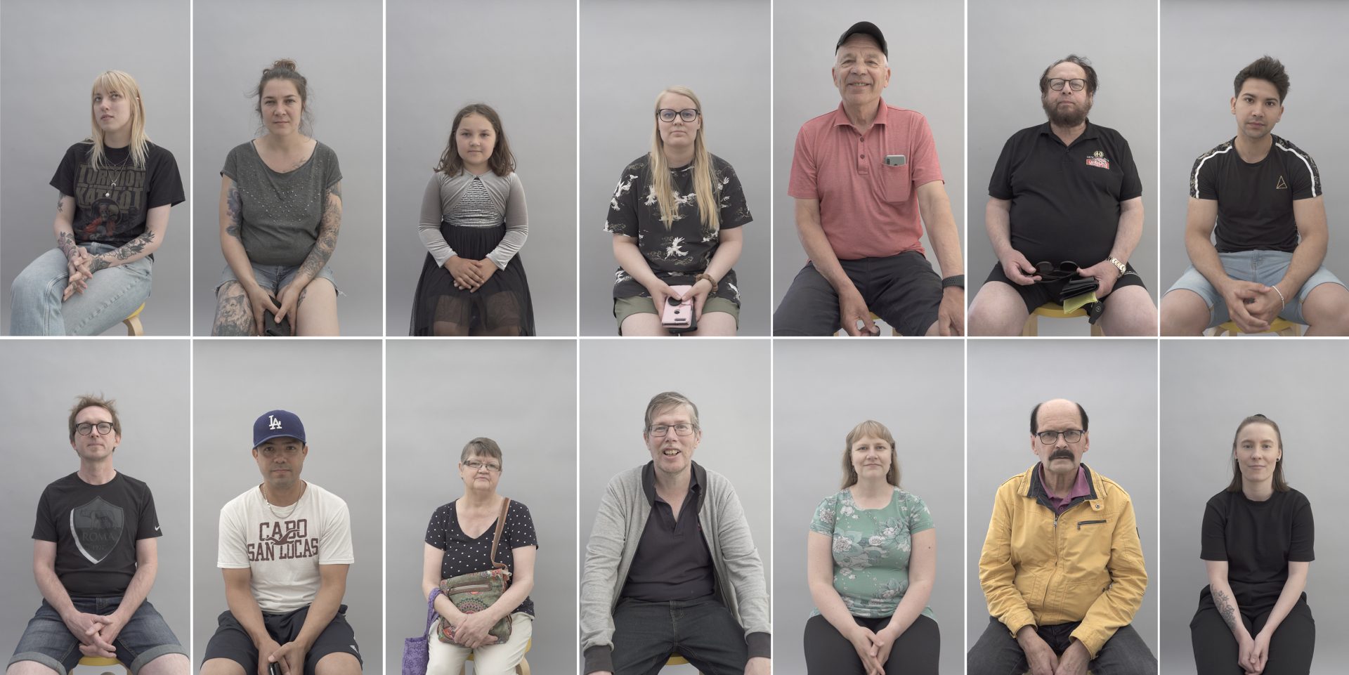 ihmisten muotokuvia 7 vierekkäin kahdessa rivissä. Teoskuva Riikka Gröndahlin Hiljainen muotokuva videoteoksesta.