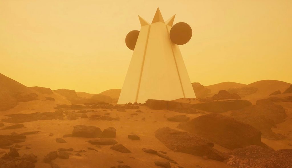 Future monument by artist Andy Gracie, a futuristic looking cone shaped object with round black appendages protruding from its sides.